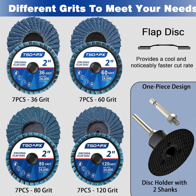 TSOAPX 29 PCS Flap Discs Set, 2 Inch Zirconia Roll Lock Die Grinder Sanding Disc 36/60/80/120 Grit T27 with 1/4" Disc Holder for Cleaning Finishing Deburring of Irregular Surfaces - Image 2